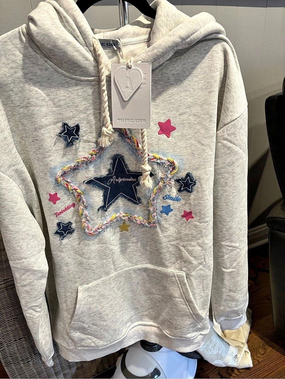 NWT Elfric Eden Star Graphic Hoodie with rope drawstring Gray XL
